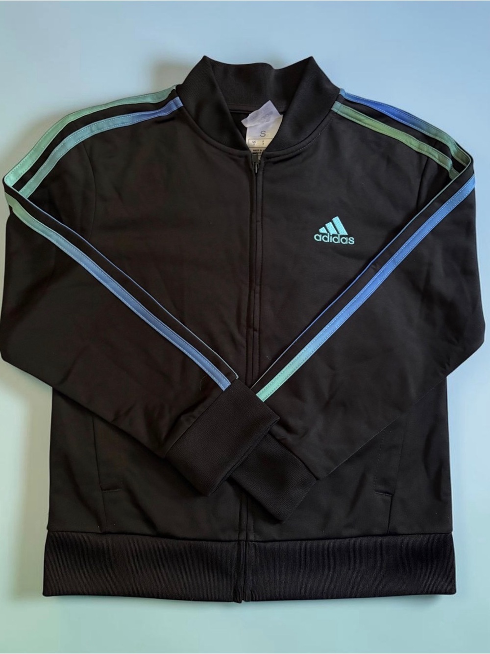 adidas Black Track Jacket with Blue and Mint Stripes